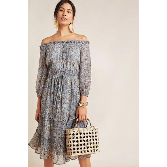 Anthropologie Blue Floral Kira Off The Shoulder Peasant Midi Tiered Dress Size 4 - Picture 1 of 8